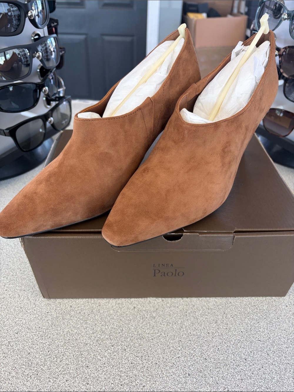 Linea Paolo Suede Pointed Toe Mules in Chestnut